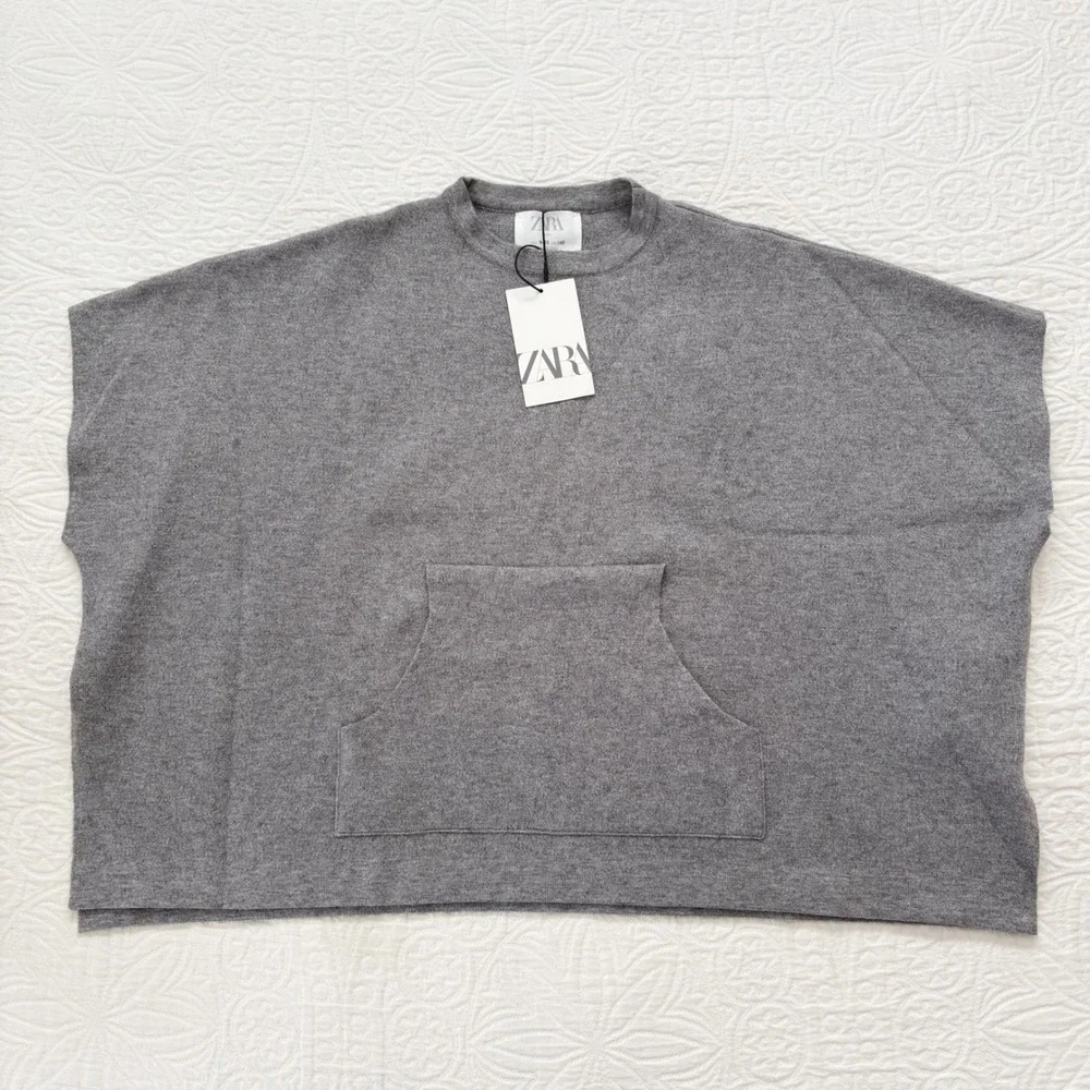 Zara Girls' Sleeveless Knit Pocket Poncho, Grey Sz 9-10
